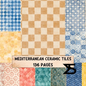 Può includere: Una collezione di motivi per carta digitale con vari design di piastrelle, inclusi motivi geometrici blu e bianchi, scacchi color cuoio, esagoni gialli e motivi floreali con il testo MEDITERRANEAN CERAMIC TILES 136 PAGES.