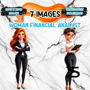 May include: Digital illustration featuring two women in business attire. One woman has red hair and crossed arms, the other holds a tablet. Text includes "7 IMAGES", "WOMAN FINANCIAL ANALYST", and image specifications.