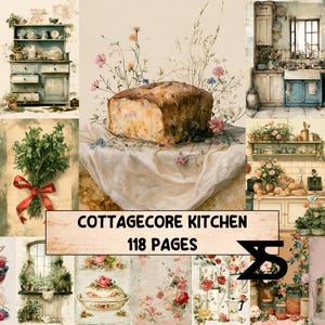 Könnte beinhalten: Eine digitale Collage aus 118 Seiten mit einem Cottagecore-Küchenthema. Die Bilder zeigen einen Laib Brot umgeben von Wildblumen, einen Kräuterstrauß mit roter Schleife, Küchenschränke, Blumenarrangements und verschiedene Küchenutensilien.