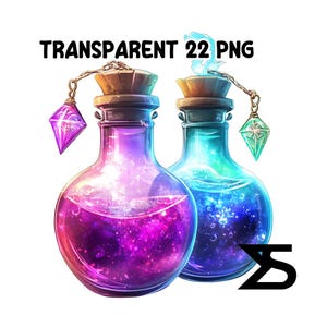 May include: Two glass potion bottles filled with colorful liquids. One bottle has purple liquid with a galaxy design, the other has blue liquid. Each bottle has a wooden stopper and a gem charm. Text reads: TRANSPARENT 22 PNG.