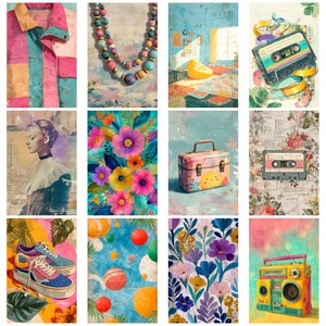 May include: A collection of colorful, artistic illustrations. The images include a patchwork shirt, a beaded necklace, a room with a beanbag chair, a cassette tape, a portrait of a woman, vibrant flowers, a suitcase, another cassette tape, sneakers, a pattern of balls, a floral pattern, and a boombox.