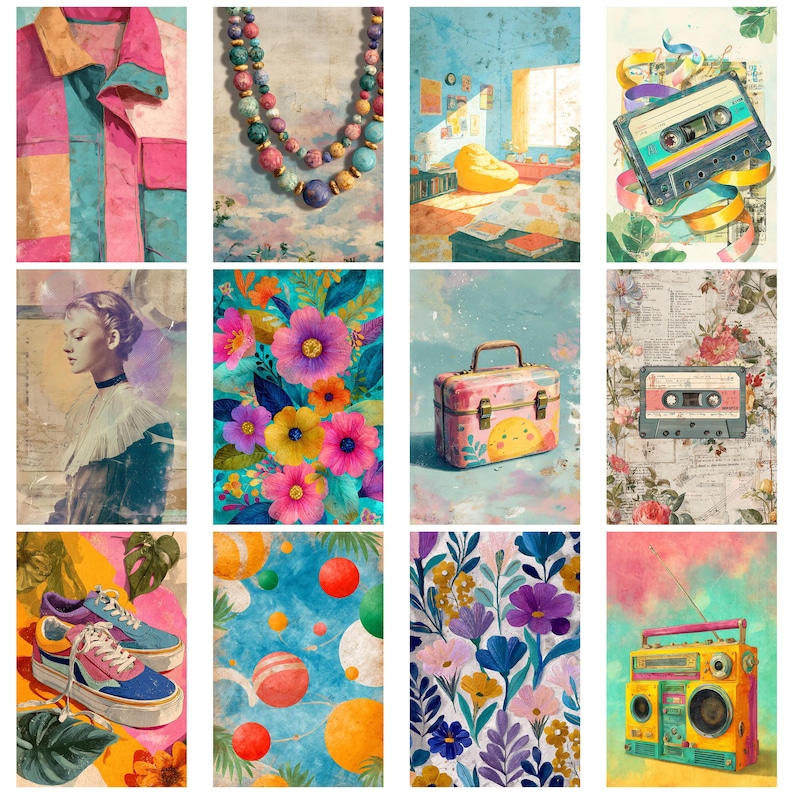 May include: A collection of colorful, artistic illustrations. The images include a patchwork shirt, a beaded necklace, a room with a beanbag chair, a cassette tape, a portrait of a woman, vibrant flowers, a suitcase, another cassette tape, sneakers, a pattern of balls, a floral pattern, and a boombox.