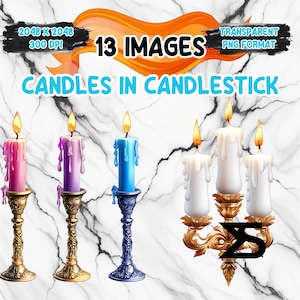 Watercolor Candles In Candlestick PNG Image on transparent background, digital Sticker/Scrappbooking, commercial use,
