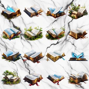 May include: A collection of 12 vintage-style open books with gold accents and ornate designs. Some books are surrounded by greenery, while others have a magical glow emanating from their pages.