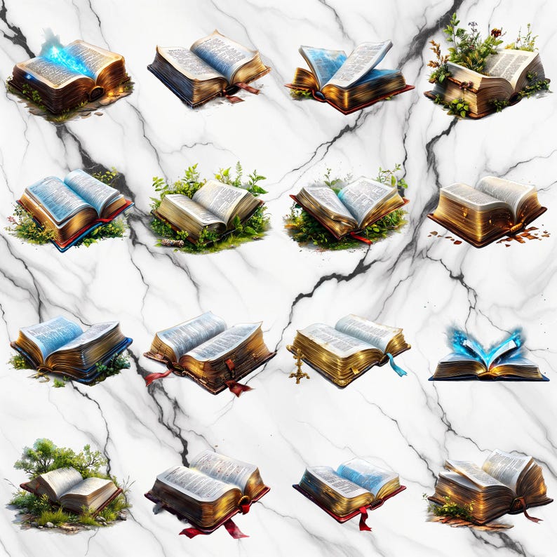 May include: A collection of 12 vintage-style open books with gold accents and ornate designs. Some books are surrounded by greenery, while others have a magical glow emanating from their pages.