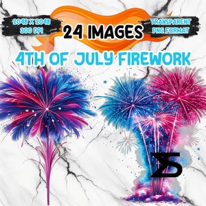 May include: Digital illustration of colourful fireworks in red, white, and blue, ideal for the 4th of July. The image includes text that reads "24 Images" and "4th of July Firework". The background has a marble texture.