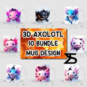 Op de afbeelding: Een set van 10 kleurrijke keramische mokken met 3D-axolotl-ontwerpen. Elke mok heeft een andere axolotl met unieke kleuren en patronen. De mokken zijn wit met een gebarsten ontwerp, waardoor de axolotls een 3D-effect krijgen. De tekst "3D Axolotl 10 Bundle Mug Design" wordt weergegeven op een gele en oranje achtergrond.