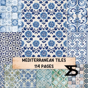May include: A digital collection of Mediterranean tiles featuring 114 pages of various blue and white patterns, including floral motifs, geometric shapes, and intricate scrollwork, with the text MEDITERRANEAN TILES 114 PAGES displayed centrally.