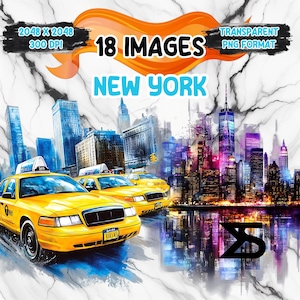 18 escenas de Nueva York en acuarela, paquete de imágenes prediseñadas de Nueva York, uso comercial, descarga digital, descarga instantánea
