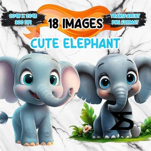 Éléphant mignon de dessin animé aquarelle, lot de cliparts éléphant, usage commercial, téléchargement numérique, téléchargement immédiat