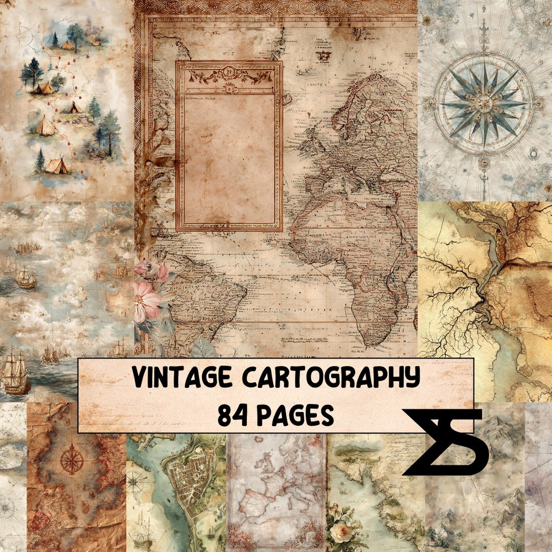 Paper Pattern Cartography Vintage Cartography Junk Journal Ephemera Kit for Travelers Antique Map ...