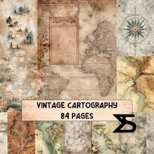 Vintage Cartography junk journal ephemera kit for travelers antique map paper vintage labels postcards ledger pages collage supplies