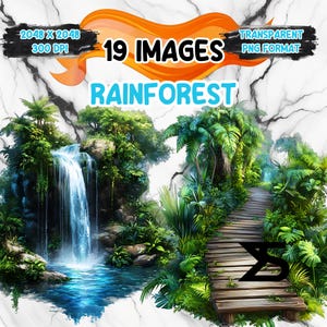 May include: A digital illustration of a lush rainforest scene with a waterfall cascading into a pool of water. A wooden path leads through the dense foliage, creating a sense of mystery and adventure. The image is perfect for adding a touch of nature to any project.