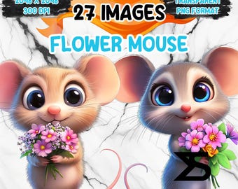 27 desenhos em aquarela de ratinhos fofos com flores, pacote de clipart de ratinhos, uso comercial, download digital, download instantâneo.