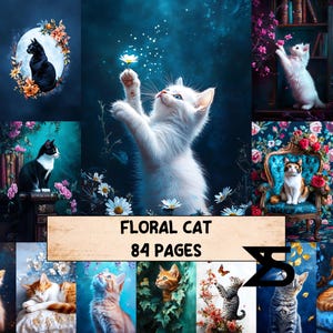 Könnte beinhalten: Eine Collage von Katzenillustrationen mit floralen Elementen. Das zentrale Bild zeigt ein weißes Kätzchen, das nach einer Gänseblümchen greift. Weitere Bilder zeigen Katzen in verschiedenen Umgebungen, mit dem Text "FLORAL CAT 84 PAGES".