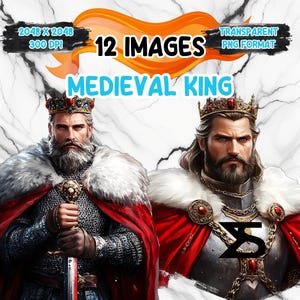 Imagen PNG de un rey medieval en acuarela sobre fondo transparente, para uso comercial, descarga digital instantánea.