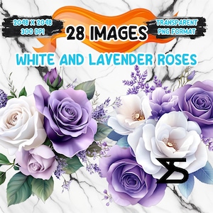 May include: Digital artwork of white and lavender roses with green foliage and lavender sprigs. Text on the image reads "28 IMAGES" and "WHITE AND LAVENDER ROSES". The background has a marble effect.