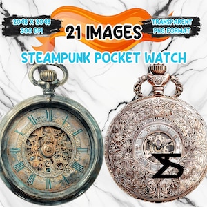Könnte beinhalten: Zwei Steampunk-Taschenuhren. Eine ist silberfarben mit sichtbarem Mechanismus und blauen römischen Ziffern. Die andere ist bronze mit aufwendigen floralen Designs und einem schwarzen Logo. Das Bild enthält den Text "21 Images" und "Steampunk Pocket Watch".