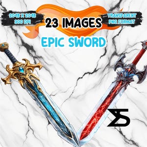May include: Two fantasy swords, one with a blue blade and gold accents, the other with a red blade and black accents, crossed against a white marble background. 23 Images. Epic Sword. Transparent PNG Format.