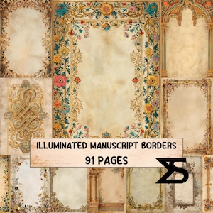Può includere: Una collezione di immagini digitali con bordi di manoscritti miniati. I bordi sono ornati, con disegni floreali e filigrane dorate. Il testo "ILLUMINATED MANUSCRIPT BORDERS" e "91 PAGES" è visualizzato su uno striscione.