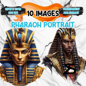 Puede incluir: Dos ilustraciones digitales de faraones con tocados dorados y azules. El faraón de la izquierda tiene un tono de piel claro y el faraón de la derecha tiene un tono de piel oscuro.