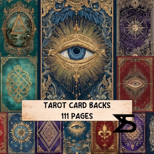 May include: A collection of tarot card backs with ornate designs in teal, blue, gold, and red. The image features various symbols, including an eye, sun, and fleur-de-lis. Text on a banner reads "TAROT CARD BACKS 111 PAGES."