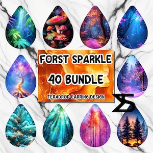May include: A set of 40 teardrop-shaped earring designs featuring various forest scenes with sparkling lights. The designs include a variety of colors, including blue, green, purple, pink, and orange. The text "FORST SPARKLE 40 BUNDLE TERADROP EARRING DESIGN" is displayed on the image.
