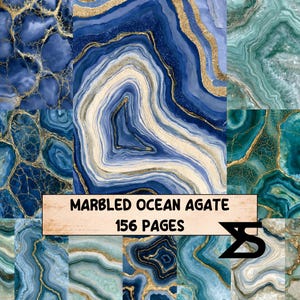 Könnte beinhalten: Eine Sammlung von marmorierten Ozean-Achat-Mustern in Blau-, Türkis- und Cremetönen mit Goldadern. Ein rechteckiges Etikett in der Mitte zeigt den Text MARBLED OCEAN AGATE 156 PAGES mit einem schwarzen geometrischen Logo auf der rechten Seite.