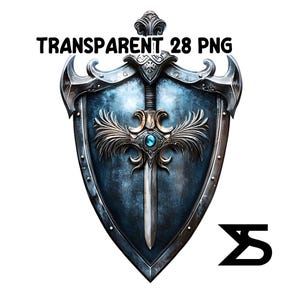 K&ouml;nnte beinhalten: Ein Schilddesign mit Schwert in Blau und Silber. Das Schild hat ein detailliertes, verziertes Design mit einem zentralen Schwert und einem Juwel. Der Text "TRANSPARENT 28 PNG" befindet sich oben.