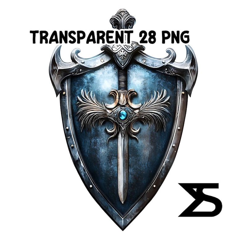 K&ouml;nnte beinhalten: Ein Schilddesign mit Schwert in Blau und Silber. Das Schild hat ein detailliertes, verziertes Design mit einem zentralen Schwert und einem Juwel. Der Text "TRANSPARENT 28 PNG" befindet sich oben.