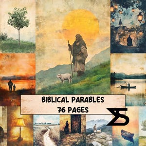 Puede incluir: Un collage de ilustraciones en acuarela con una estética vintage. La imagen central representa a un pastor con un bastón, una oveja y un gran sol. El texto dice "Biblical Parables 76 Pages". Otras imágenes incluyen paisajes y figuras.