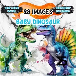 28 imágenes prediseñadas de dinosaurio bebé en acuarela, imágenes prediseñadas de T-Rex, paquete de imágenes prediseñadas, uso comercial, descarga digital, descarga instantánea