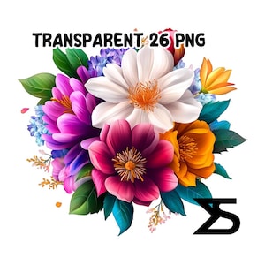 May include: A bouquet of colourful flowers, including white, pink, purple, orange, and yellow blooms. The flowers are arranged in a cluster with green leaves and stems. The image is labelled "TRANSPARENT 26 PNG".
