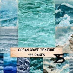 May include: A digital collection of ocean wave textures featuring 155 pages of various sea scenes. The imagery displays deep blue and turquoise water, crashing white foam, rolling swells, and rocky shorelines with the text OCEAN WAVE TEXTURE 155 PAGES.