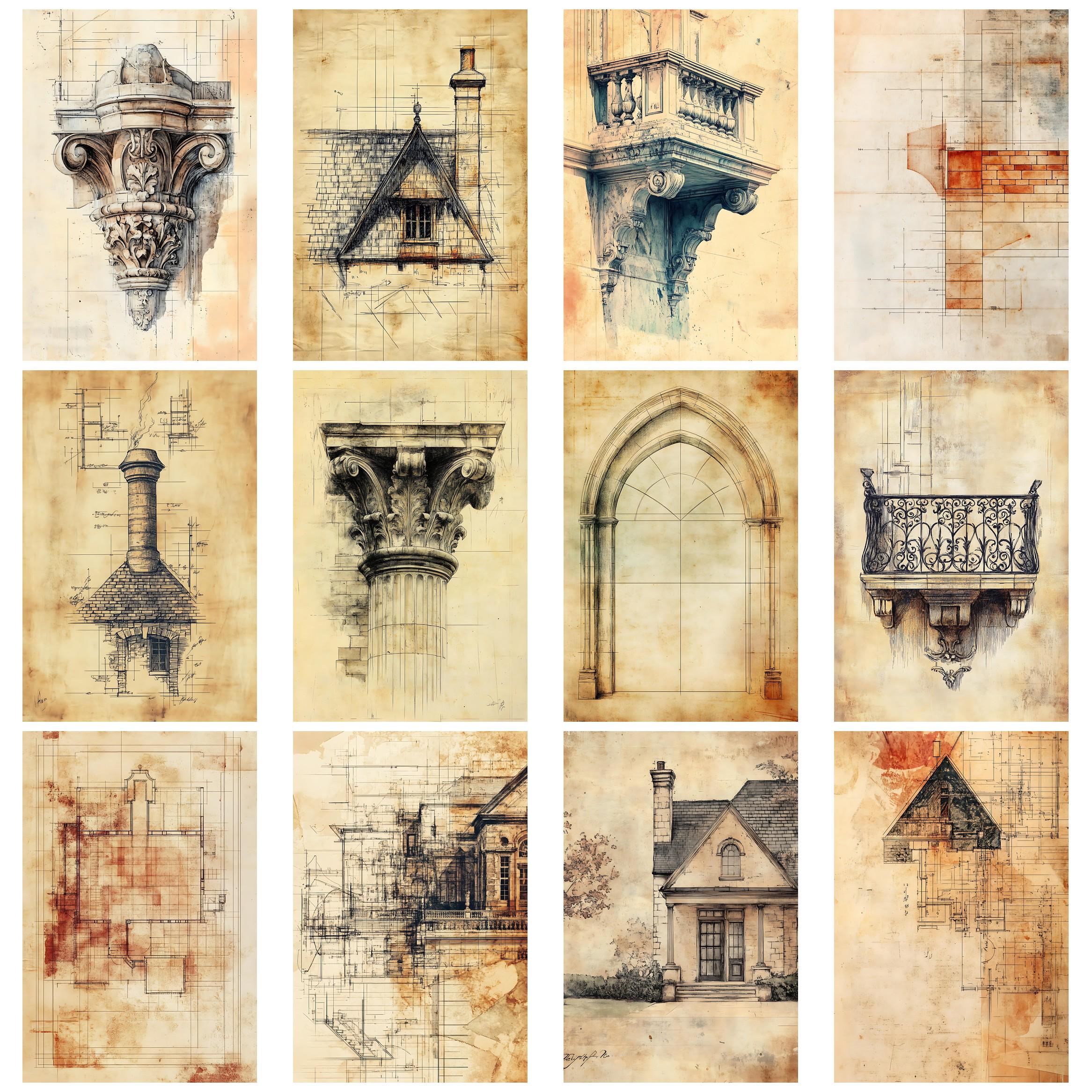 Photo Collage Example Technical Drafting Architectural Drafting Plans Vintage Blueprint Junk Journal Ephemera ...