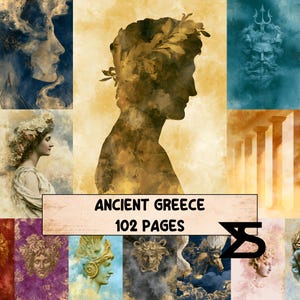 May include: A digital collage featuring various illustrations of Ancient Greek figures, statues, and architectural columns in watercolour style. The central text reads ANCIENT GREECE 102 PAGES, accompanied by a black geometric logo in the bottom right corner.
