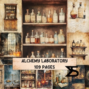 Conjunto de diário vintage do Laboratório de Alquimia com itens diversos de alquimista, colagens de papéis, etiquetas antigas, esboços botânicos e páginas de chá envelhecido.