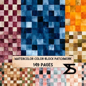 Könnte beinhalten: Eine digitale Sammlung von Aquarell-Farblock-Patchwork-Mustern mit 149 Seiten. Das Bild zeigt verschiedene quadratische Rasterdesigns in den Farben Burgunderrot, Dunkelblau, Orange, Olivgrün und zartem Rosa mit dem Text WATERCOLOR COLOR BLOCK PATCHWORK 149 PAGES.