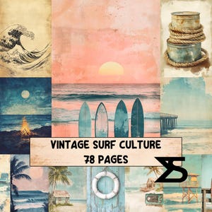 Zestaw pamiątkowych materiałów do kolażu i scrapbookingu w stylu vintage Surf Culture, zdjęcia plaż surfingowych, strony z etykietami do wydrukowania w stylu retro