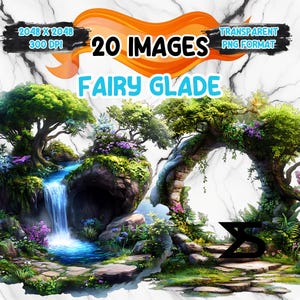 Könnte beinhalten: Eine digitale Illustration einer Feenlichtung mit einem Wasserfall, einem Steinbogen und üppigem Grün. Das Bild ist im transparenten PNG-Format.
