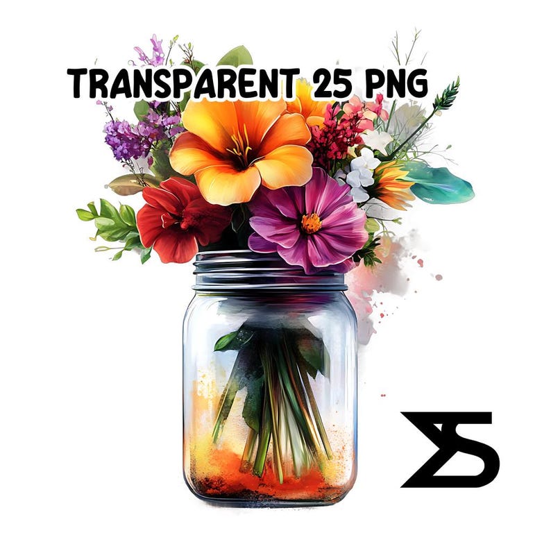May include: A glass jar filled with a bouquet of colorful flowers, including yellow, orange, pink, red, and purple flowers. The jar has a silver lid and is sitting on a white background.