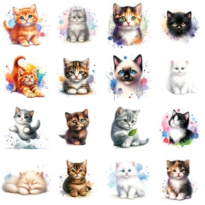 20 imágenes PNG de gatitos en acuarela, paquete de imágenes prediseñadas, uso comercial, descarga digital, descarga instantánea