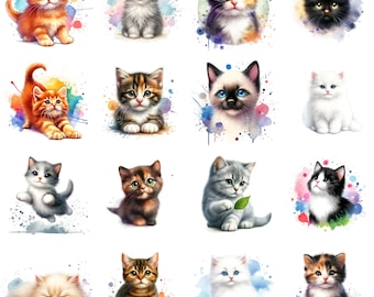 Könnte beinhalten: Eine Sammlung von 16 bezaubernden Aquarell-Illustrationen von Kätzchen in verschiedenen Posen und Farben. Jedes Kätzchen ist von bunten Aquarell-Spritzen umgeben.