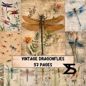 May include: A collage of vintage-style dragonfly illustrations in various colors, including blue, red, and yellow. The text "Vintage Dragonflies" and "57 Pages" is displayed on a white rectangle. The background features aged paper textures.