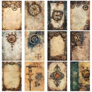 Op de afbeelding: Een verzameling van twaalf digitale kunstprints met steampunk-thema. Elke print heeft een uniek ontwerp met tandwielen, klokken en vintage texturen in bruin-, beige- en sepiatinten. De prints zijn rechthoekig en vari&euml;ren in hun specifieke ontwerpelementen.