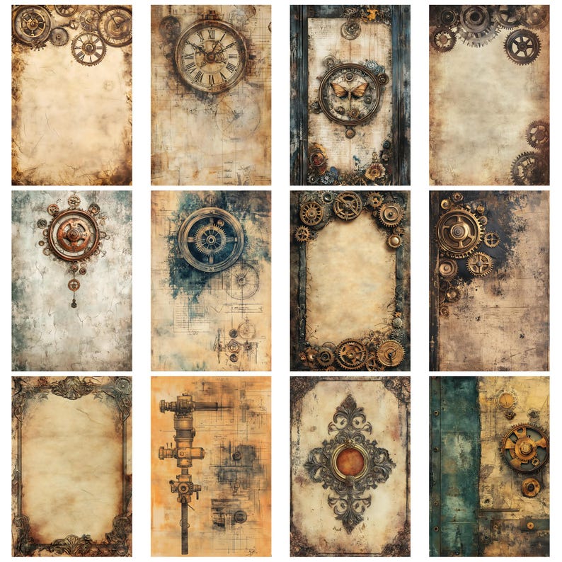 Op de afbeelding: Een verzameling van twaalf digitale kunstprints met steampunk-thema. Elke print heeft een uniek ontwerp met tandwielen, klokken en vintage texturen in bruin-, beige- en sepiatinten. De prints zijn rechthoekig en vari&euml;ren in hun specifieke ontwerpelementen.