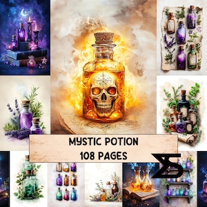 May include: A collection of images showcasing potion bottles in purple, green, and gold hues. A central image features a bottle with a skull design. The text "MYSTIC POTION 108 PAGES" is visible.