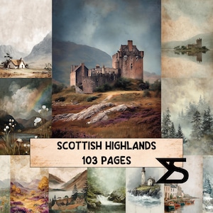 Puede incluir: Una colección de pinturas a la acuarela con paisajes de las Tierras Altas escocesas. Las imágenes incluyen castillos, montañas y escenas costeras. El texto "Scottish Highlands 103 Pages" se muestra en una pancarta.