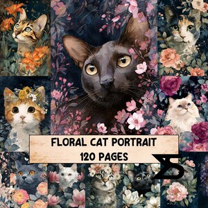Può includere: Un collage di ritratti di gatti circondati da fiori. I gatti hanno vari colori di pelo e sono adornati da elementi floreali. Il testo "FLORAL CAT PORTRAIT" e "120 PAGES" è visualizzato su uno striscione.