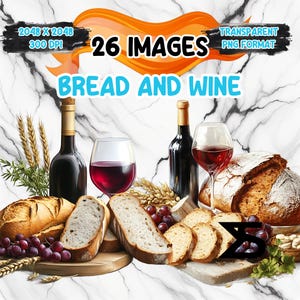 Aquarel brood en wijn PNG-afbeelding, christelijke clipartbundel, commercieel gebruik, digitale download, instant download